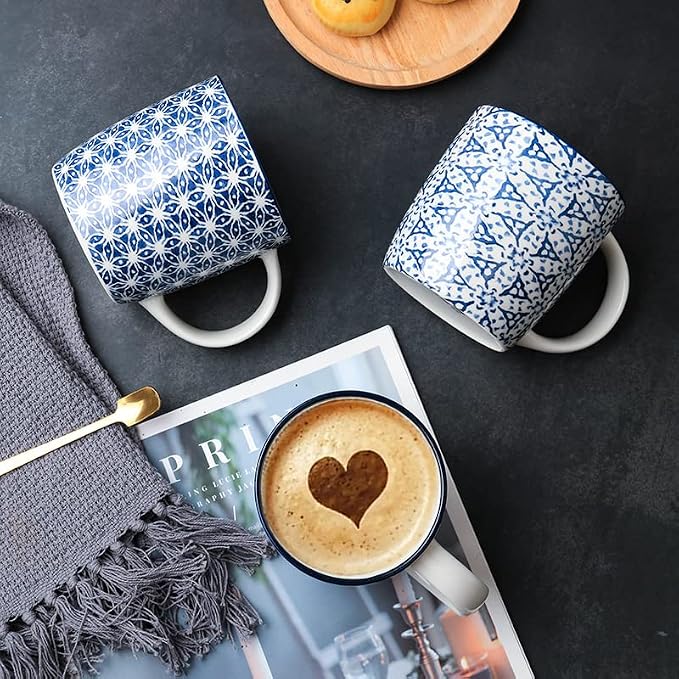 Set of 4 12 oz Coffee Mugs with Blue and White Geometric Patterns, Ceramic Tea Cup Set, Gift for Friends (Set 1)