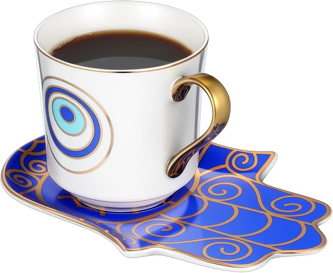 Kichvoe Evil Eye Coffee Mug with Saucer Set Ceramic Porcelain Tea Cup 4.13X2.95X2.95 Inch Microwave Dishwasher Safe for Home Office Beverage Milk Water