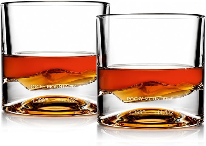 LIITON Rocky Mountains Heavy Crystal Whiskey Glasses Gift Set of 2, Thick Freezable Bourbon Glass 1lb Each, Premium Whiskey Gifts for Men, Frozen Crystal Chills Cocktails, 10 oz