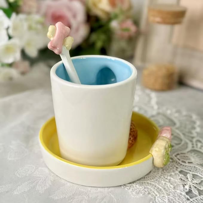 Ceramic Animal Coffee Mug Cup and Saucer Set，200ML(6.8OZ) 3D Hand-painted Tea Cup with Spoon (Reddish Brown)