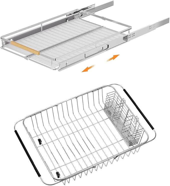 SANNO Expandable Pull Out Cabinet Organizer Kitchen Sliding Shelf Under Sink Shelf, Expandable Drawer Shelves with Sliding, Dish Drying Rack with Stainless Steel Utensil Holder
