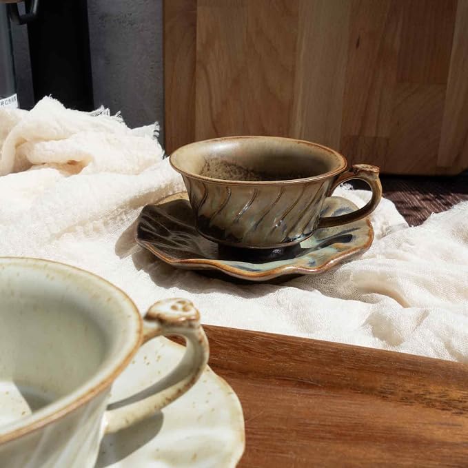Vintage Ceramic Coffee Cup with Saucer, Farmhouse Stoneware Espresso Cup, Rustic Teacup, Microwave & Dishwasher Safe,Unique Gifts Men and Women (Brown, 5oz)