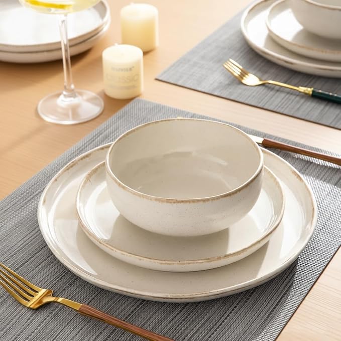 AmorArc Ceramic Dinnerware Sets, Wavy Rim Stoneware Plates and Bowls Sets, Highly Scratch Resistant | Dishwasher & Microwave Dishes set, Service for 4 (12pc)-Speckled Cappuccino)