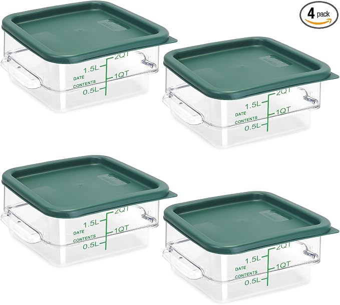 4 Pack Food Storage Containers with Green Lids, 2.0 Qt - Square, Clear, Polycarbonate, for Restaurant Commercial Kitchen and Home party