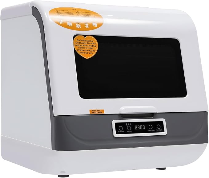 Portable Countertop Dishwasher, Compact Mini Dishwasher with 4 Wash Programs (Quick/Standard/Strong/Fruit), No Installation Needed, Space-Saving for Apartments RVs Small Kitchens