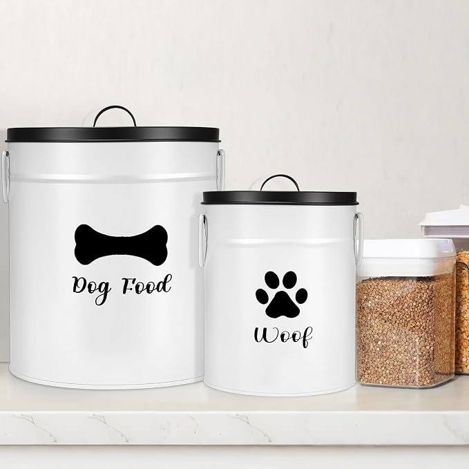 DoubleFill Extra Large 23+10 lb Metal Dog Food Storage Containers Set of 2 Airtight Dog Treat Snack Jars with Lids and Spoon Farm House Style Big Pet Cookie Jar for Kitchen Counter Gift