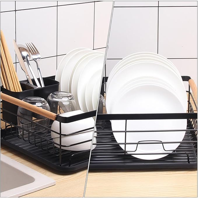 SEWACC Kitchen Countertop Dish Drying Rack Over Sink with Cutlery Holder Black Iron Frame Space-Saving Dish Drainer Rack for Home Kitchen Storage