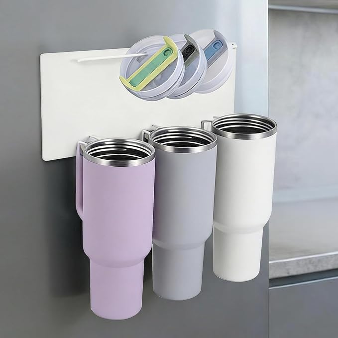 Magnetic Stanley Cup Holder for Refrigerator - Waycco Upgraded 2-in-1 Tumbler Organizer with Lid Hanging Bar & Slide-in Hooks, Fits Stanley Adventure Mug, Yeti Rambler & Most Handle Mugs