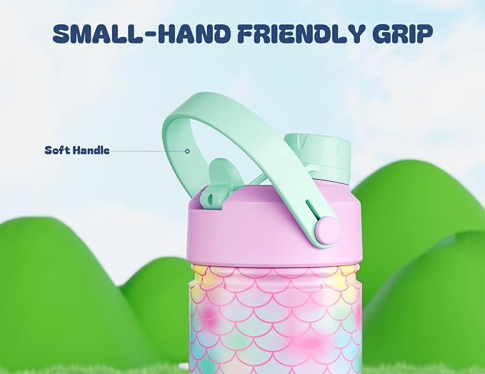12 oz Kids Insulated Mermaid Water Bottle for School: 2-in-1 Straw Spout Lid, Leakproof, BPA-Free, Keep Cold 24H, Reusable Stainless Steel Cup, Birthday Gift for Girls Daughters (Ocean Scales)