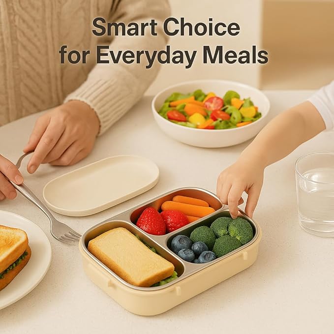 304 Stainless Steel Lunch Box for Work & Travel, 3-Compartment Leakproof Food Container, Healthy Eating & Portion Control, Safe for Home Use, Portion Control for Healthy Eating (Off-white 3 grids)
