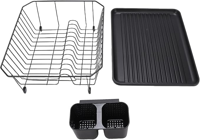 Asixxsix Dish Drying Rack, Stainless Steel Dish Drainer with Utensil Holder and Drainboard, Sink Organization and, 14" x 12" x 5" for Home and Apartment Decor (Black)