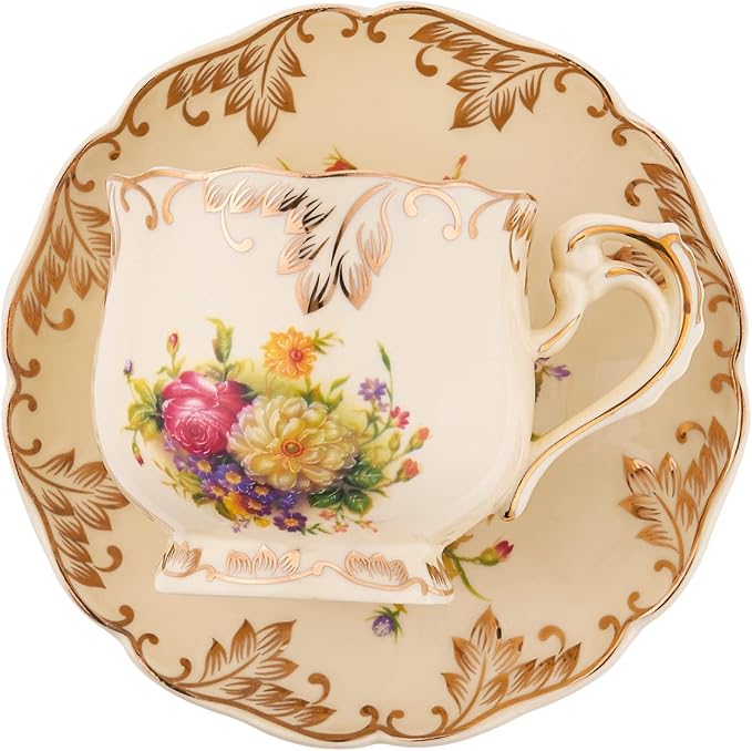 Tea Cups and Saucers Set of 2, 8 Oz Ivory Floral Porcelain Teacup and Saucer Set with Gold Trim, Vintage Tea Cups with Spoon, European Style (Colorful Floral)