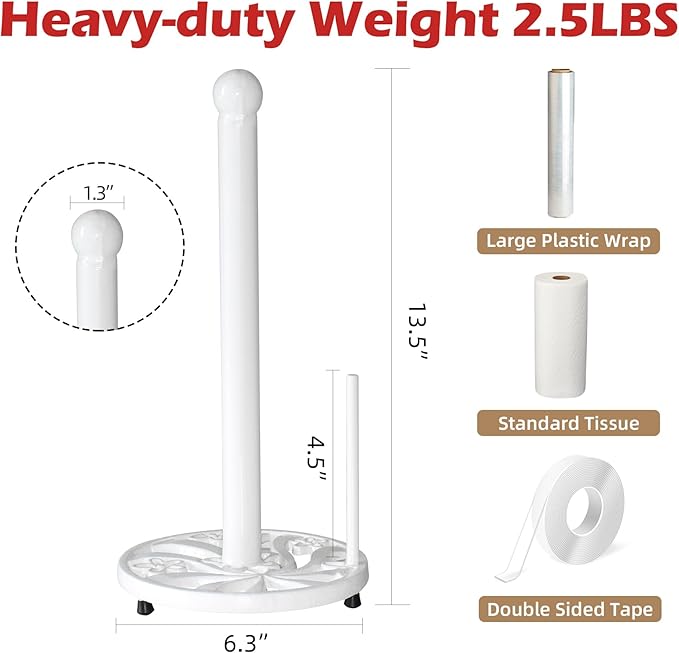 White Cast Iron Paper Towel Holder for Kitchen Countertop - Vintage Floral Standing Dispenser with Heavy Weighted Base, Farmhouse Decor, Fits Jumbo Rolls, One-Handed Tear