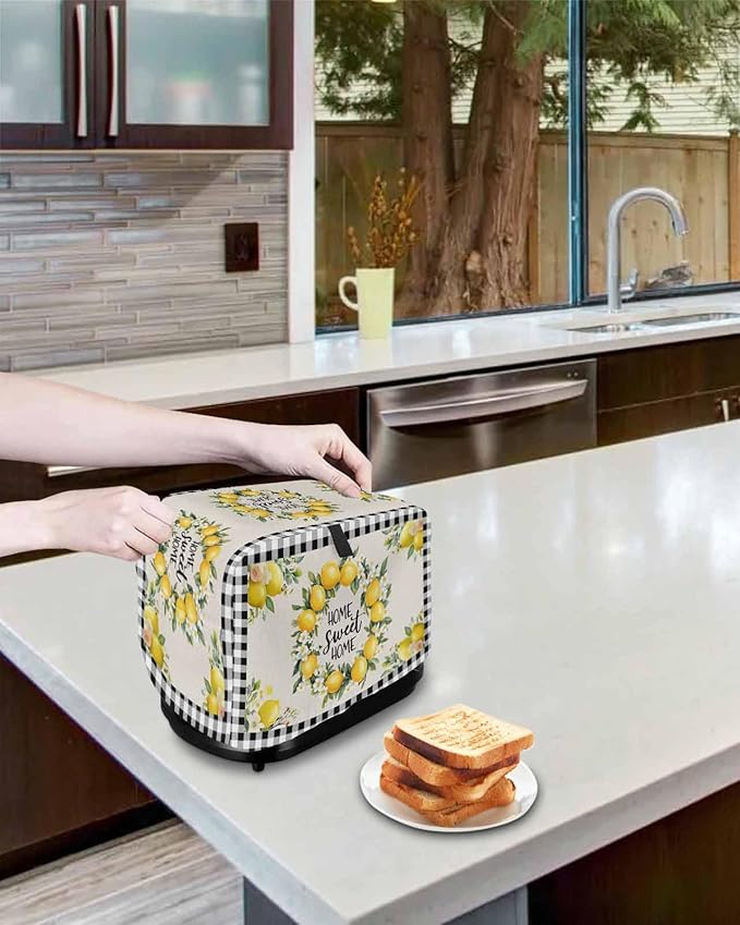 Summer Lemon Toaster Cover 4 Slice, Farmhouse Black Check Dustproof Bakeware Oven Protector with Top Hook, Plaid Vintage Waterproof Small Kitchen Appliance Toasters Dust Cover, 12"x11"x8"