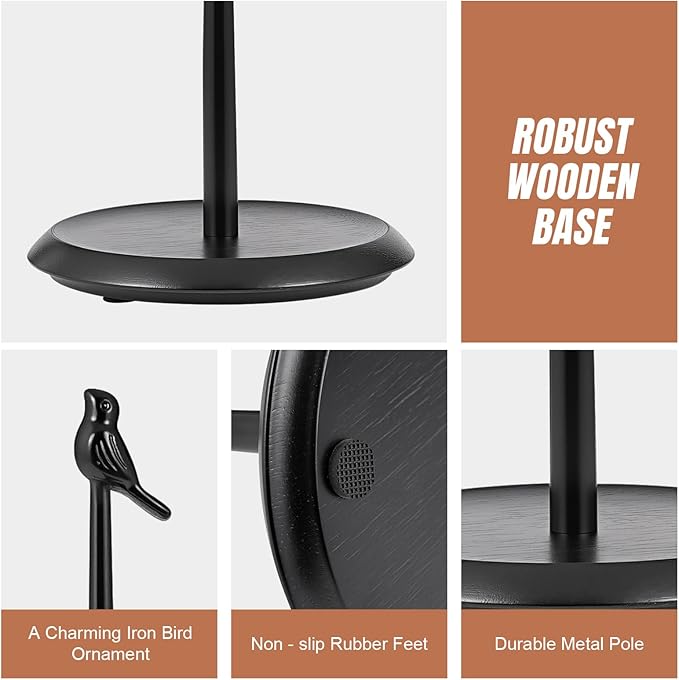 Wooden Paper Towel Holder countertop,Stylish Bird Shaped,Solid Wood Base&Iron Top,with Non-Slip Mat,Stable&Durable,Paper Towel Holder Black-Farmhouse Style to Elevate Your Kitchen's Décor(All Black)