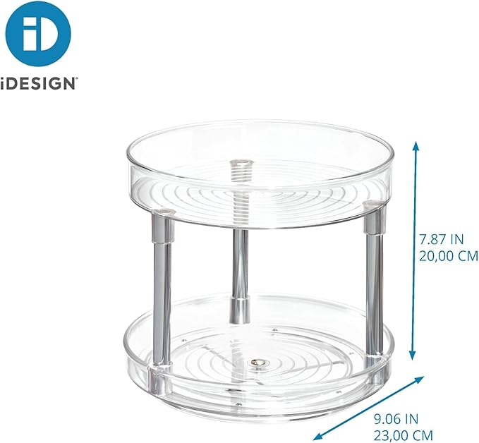 iDesign 9-Inch Recycled Plastic 2-Tier Lazy Susan Organizer – Linus Collection - Clear/Chrome