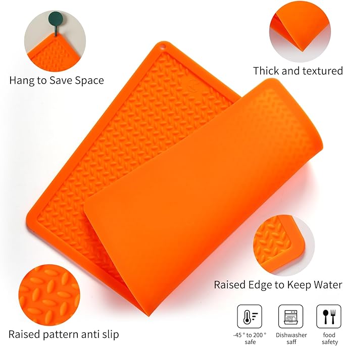 Silicone Drying Mat & Heat Resistant Mat for Kitchen Counter, Non-Slip Dishwasher Safe, Raised Edge for Dishes Bottles Sink (25.5x17.7in, Orange)