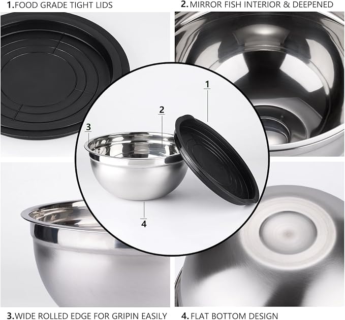 Leidawn Mixing Bowls with Lids set - 25 PCS Stainless Steel Nesting Black Mixing Bowls Set for Baking, Mixing, Serving & Prepping, Size 5, 3.7, 2.8, 2.3, 1.7, 1.1, 0.7QT, 11 Cooking