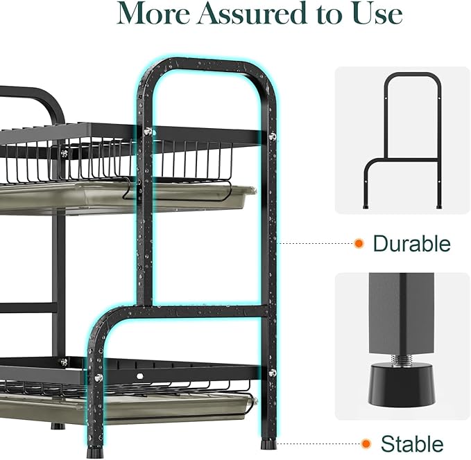 Dish Drying Rack,2 Tier Stainless Steel Dish Rack Drainboard Set,Utensil Holder, Cutting Board Holder,Dish Drainer for Kitchen Counter,Space-Saving (Black)
