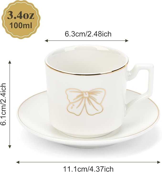 ALIMOTA 3.5oz Ceramic Coffee Espresso Cup with Saucers Set, Elegant Bow Deco Coffee Cup Gift for Cappuccino, Tea, Espresso, Latte, Coffee, Cafe Mocha, Set of 6, White