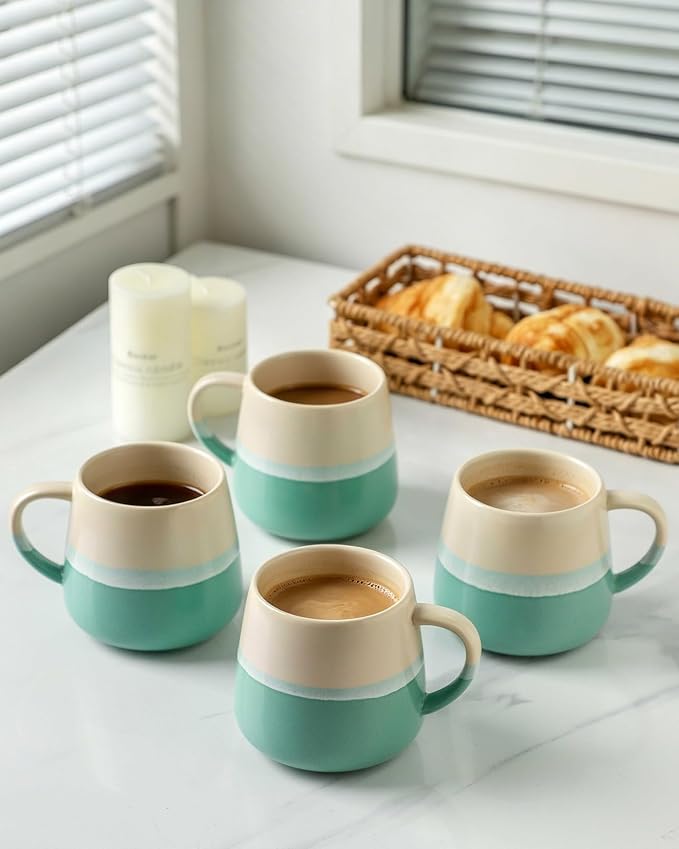 Coffee Mugs Set of 4, Ceramic Tea Coffee Cups with Handle, 14 OZ Large Porcelain Mug for Americano, Latte, Cappuccino, Hot Chocolate, Glazed White and Green