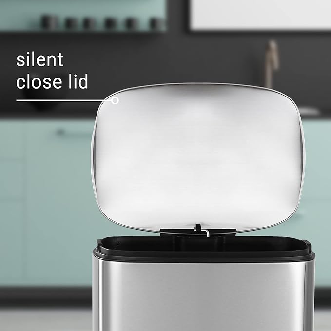 happimess HPM1006A Connor Rectangular 13-Gallon Trash Can with Soft-Close Lid and Free Mini Trash Can, Fingerprint Resistant, Modern, Minimalistic for Home, Kitchen, Office, Bathroom, Steel