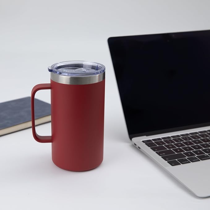 DOMICARE 24oz Mug with Handle and Lid, Stainless Steel Coffee Mug, Travel Mug with Handle, Double Wall Vacuum Coffee Tumbler, Reusable Insulated Cup, Dark Red, Pack 8