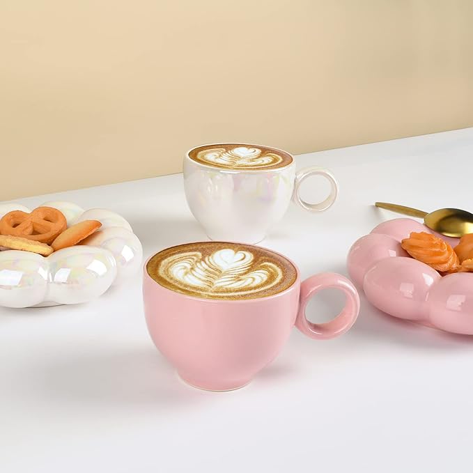 Koythin Ceramic Coffee Mug with Saucer Set, Creative Cute Cup with Sunflower Coaster for Office and Home, 6.5 oz/200 ml for Tea Latte Milk, Suitable for Mom on Mother's Day (Peach Pink)