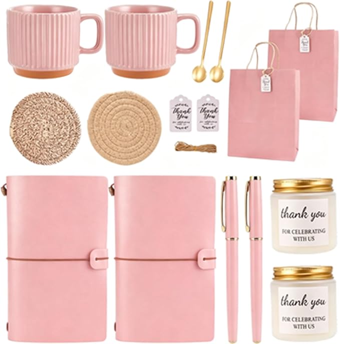 Baby Shower Prizes for Game Winners Baby Shower Games Prizes Ceramic Mugs with Metal Spoons Woven Coasters Notebooks Scented Candles Gift Bags Wedding Bridal Shower Favors for Guests (1, Pink)