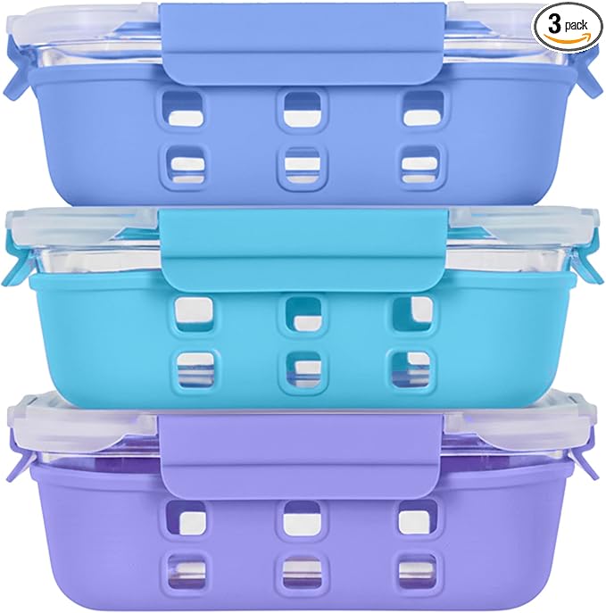 ECOBERI 4.5 Cup Glass Meal Prep Containers with Lids & Silicone Sleeves, 3-Pack Airtight, Leak-Resistant Food Storage Containers for Fridge, Freezer, Oven & Microwave