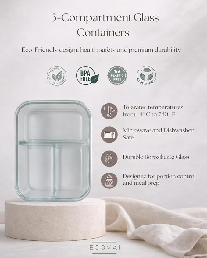 Glass Meal Prep Containers 3 Compartment with Bamboo Lids (2 Pack), Bento Box Lunch Container, Portion Control Food Storage, Borosilicate Glass, Microwave Safe (Base), Eco-Friendly