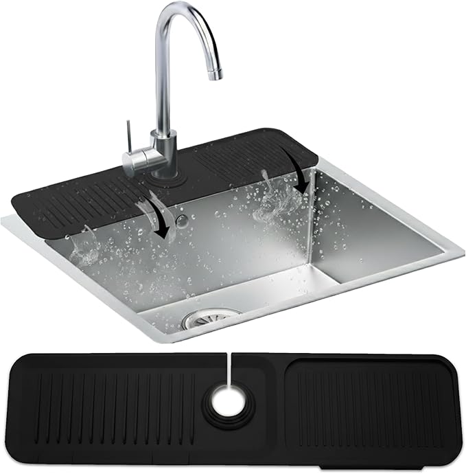 Silicone Faucet Mat for Kitchen Sink 17.7 Inch | 5° Slope Fast Self-Draining Sink Splash Guard | Multipurpose Faucet Mat Foldable Durable No Smell | Cut-to-Fit Opening Up to 2.6in | Black