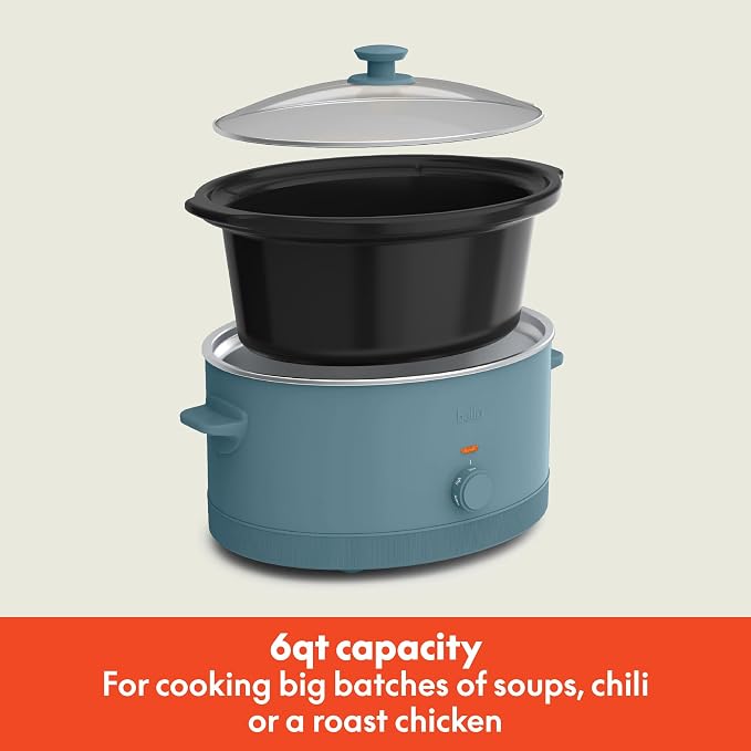 bella 6.0 Qt Manual Slow Cooker, Ceramic Nonstick Coating, 3 Temperature Settings, Dishwasher Safe Stoneware Pot and Tempered Glass Lid, Cool Touch Handles & Tangle Free Cord Wrap, Surf