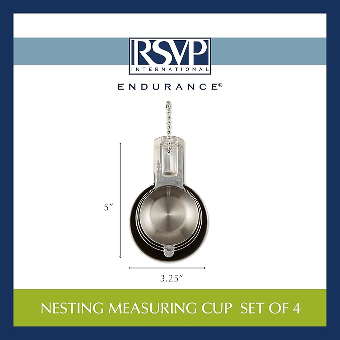 RSVP International Endurance Stainless Steel Measuring Cups, Set of 4 | 1/4 Cup to 1 Cup Measurements | Nest for Easy Storage | Dishwasher Safe | Dry or Liquid | Baking or Cooking