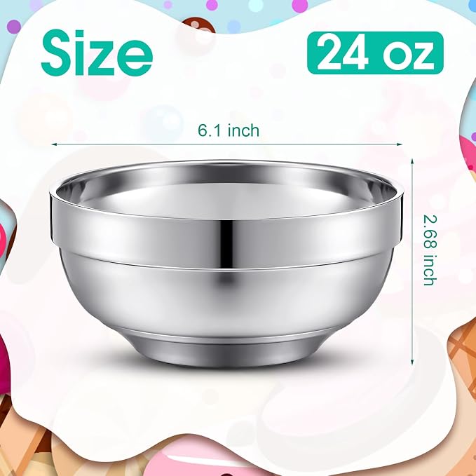 Funnymoom 4 Pack 24 Oz stainless Steel Bowls Double Walled Insulated Soup Ice Cream Metal Mixing Nesting Bowls for Serving Soup Rice Cereal