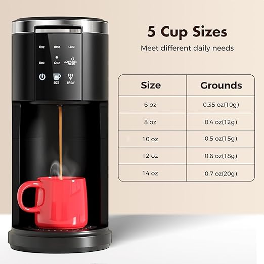 Electactic Single Serve Coffee Maker, 2 in 1 Coffee Machine for K-Cup & Ground Coffee, 6 to 14oz Brew Sizes, Pod Coffee Makers with 40oz Removable Water Reservoir, LCD Screen, Self-cleaning, Black