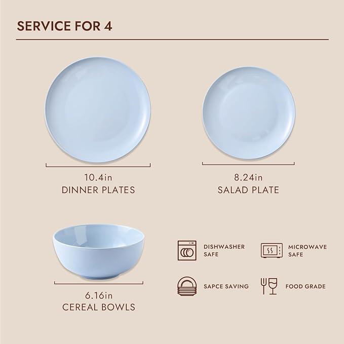 KINGSTONE 24-Piece Bone China Dinnerware Set for 8, Lightweight Porcelain Round Plates and Bowls Set, Durable Scratch Resistant Ceramic Dinner Set, Microwave & Dishwasher Safe, Misty Blue