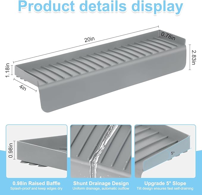 Silicone Faucet Splash Guard 4" x 20", Faucet Water Catcher Mat, Longer Silicone Sink Mat for Kitchen, Bathroom, Laundry Room, Farmhouse for Quartz Kitchen Sink（Gray）