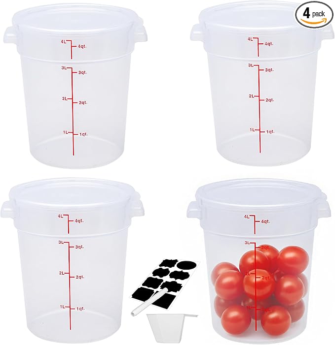 4 Pack 4Qt Round Polypropylene Food Storage Container with Lids Scale | Translucent containers with lids, easy-read scale, labels and measuring cups; stackable for prep, storage and freezer use.