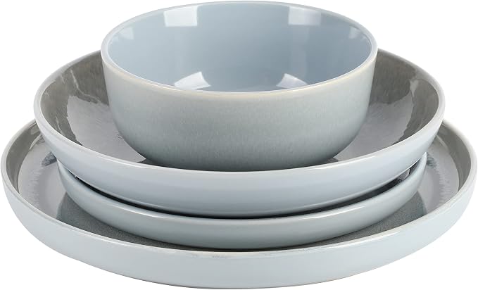 Gibson Elite Juno Moon 16-Piece Reactive Blue Double Bowl Dinnerware Set – Durable Stoneware Plates and Bowls