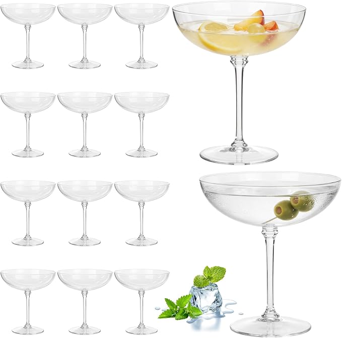 LemonRoad 12 Pcs Plastic Coupe Glasses 9 oz Disposable Martini Glasses for Cocktails, Champagne, Desserts and Espresso, Drinkware Set for Weddings, Birthday Parties, Home Bars (Clear)