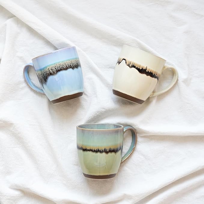 Bosmarlin Ceramic Coffee Mug Set of 4, 17 Oz, Stoneware Coffee Cups with Big Handle, Microwave Safe, Unique Reactive Glaze (17 Oz, Light Blue)