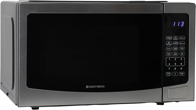 West Bend Microwave Oven 1000-Watts Compact with 6 Pre-Set Cooking Settings, Time and Weight Defrost, Electronic Control Panel and Glass Turntable, 1.1 Cu.Ft., Stainless Steel