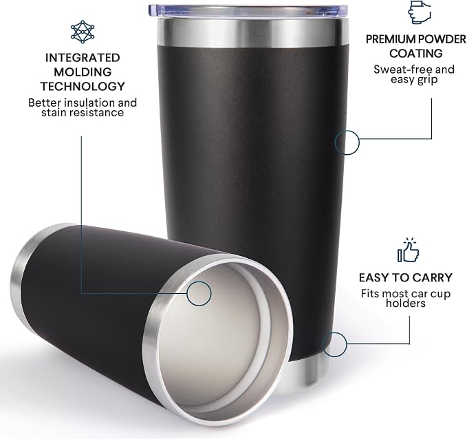 Volhoply 20oz Stainless Steel Tumbler with Lid and Straw Bulk 24 Pack,Double Wall Insulated Travel Iced Coffee Mug Fits Cup Holder,Powder Coated Cups for Hot/Cold Drinks,Christmas Gifts（Black,24 Set）