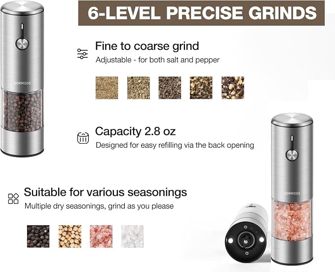 Electric Salt and Pepper Grinder Set, USB Rechargeable Automatic Pepper Mill, Large Capacity with Dual LED Light, One-Handed Operation, Slide Cover, Brushed Stainless Steel