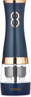 Tower T847004MNB Electric Salt and Pepper Mills, Battery Operated with Adjustable Ceramic Grinders, Midnight Blue and Rose Gold