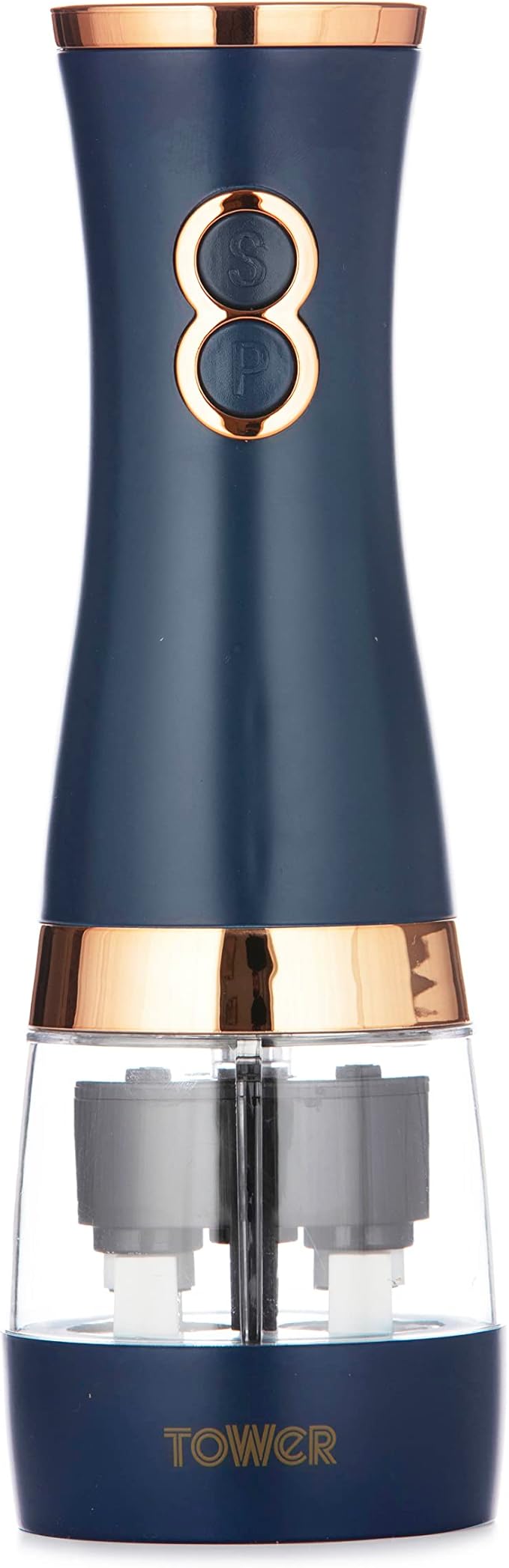 Tower T847004MNB Electric Salt and Pepper Mills, Battery Operated with Adjustable Ceramic Grinders, Midnight Blue and Rose Gold