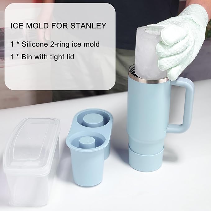 Ice Mold for Stanley Cup, Silicone Ice Cube Tray for Stanley Cup 30oz-40oz, Tumbler Ice Mold with Lid and Bin, Easy Release Cylinder Ice Cube Molds, 1 Pack, Chambray