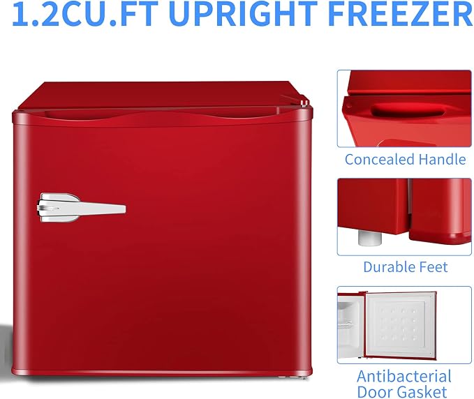 Antarctic Star Mini Upright Freezer -1.2 cu.ft Compact freezer with Removable Shelves and Adjustable Thermostat, for Home/Kitchen/Office(Red)