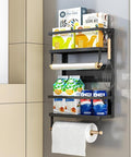 Foldable Refrigerator Organizer 4 Tier Magnetic Fridge Spice Rack Paper Towel Holder Multi-purpose Kitchen Storage Shelf Rustproof Spice Jars Holder, Black